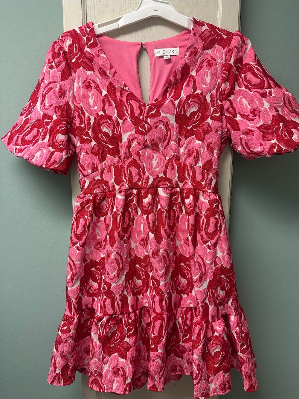 She + Sky Pink & Red Floral Jacquard Tiered Dress
